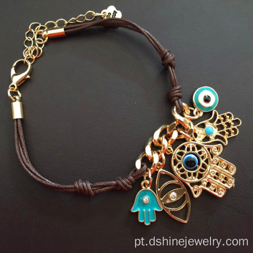 Bracelete de couro Knots Chain mau olhado com Pingente Hamsa